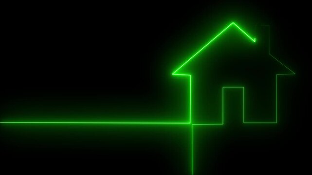 Glowing green Neon Outline of a House on Black Background, Modern Architecture Concept, Digital Energy Line Connecting to Home.building sign.neon line bank icon 4k video.