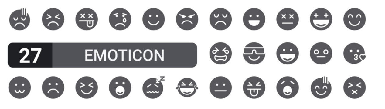 Set of 27 filled glyph Emoticon icons for mobile apps, web interfaces and digital products. Solid vector icon pack featuring up, dead, smile, crying, happy and silence.