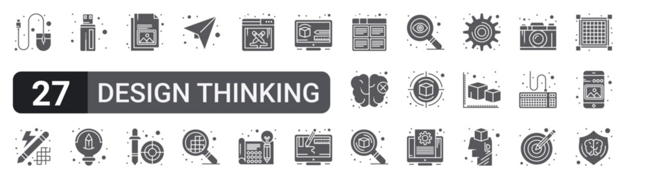 Set of 27 filled glyph Design Thinking icons for mobile apps, web interfaces and digital products. Solid vector icon pack featuring mouse, image, de, brain, d modeling and intellectual property.