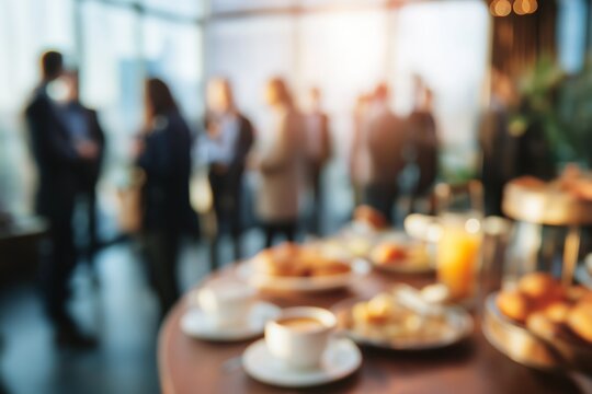 Blurred breakfast networking event with professionals enjoying morning coffee, exchanging ideas, and socializing in a warm, bright, collaborative business environment.