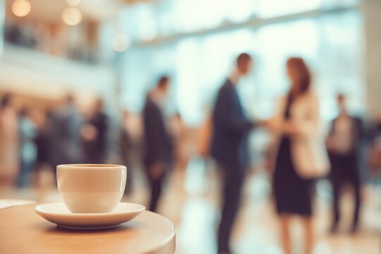 Business workshop coffee break with colleagues chatting in the background, blurred for depth, capturing networking, informal discussion, and professional interaction in a modern office setting.