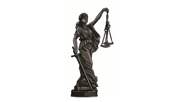 Bronze Statue of Themis Representing Justice with Scales and Sword Against a Plain White Background