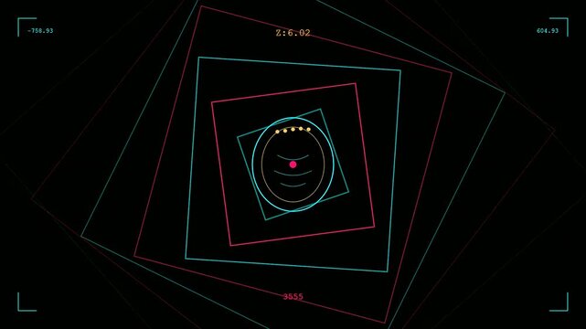 An abstract digital tunnel interface demonstrating holographic gesture control features with rotating geometric square layers zooming into a glowing red central matrix core
