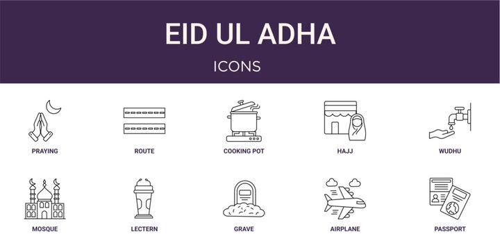 Set of 10 linear Eid Ul Adha icons for interface projects, presentations and web graphics. Outline symbol collection with route, hajj, mosque, grave and airplane.