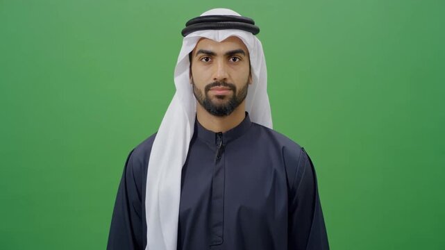 Portrait of a young Arab man wearing traditional clothing isolated on green screen chroma key background.