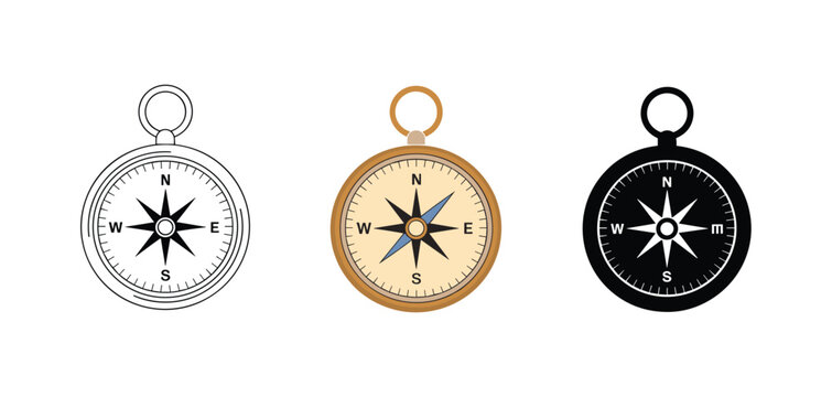 Compass Collection: A trio of navigational compasses, each in a different artistic style, symbolizing direction and exploration. antique style, modern graphic, simple line art.
