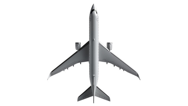Isolated modern jet aircraft, aerial top view of a passenger plane, clean design.