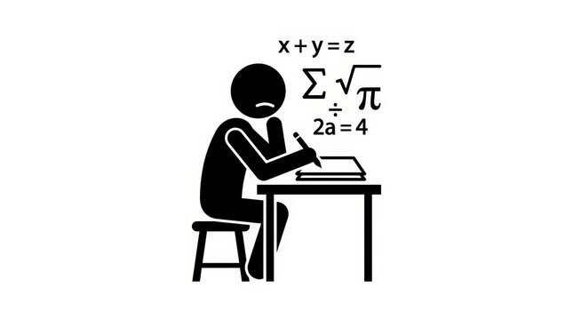 Stressed Student Struggling with Math Homework at Desk, Stick Figure Illustration Isolated on White