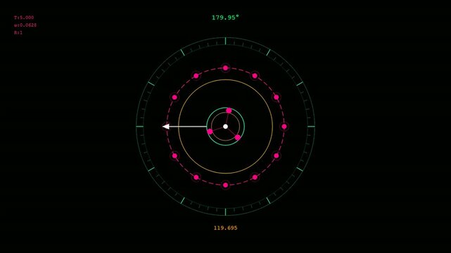 A futuristic radar interface using holographic gesture control rotates counterclockwise to scan telemetry data, displaying precise digital angular coordinates on a dark screen.