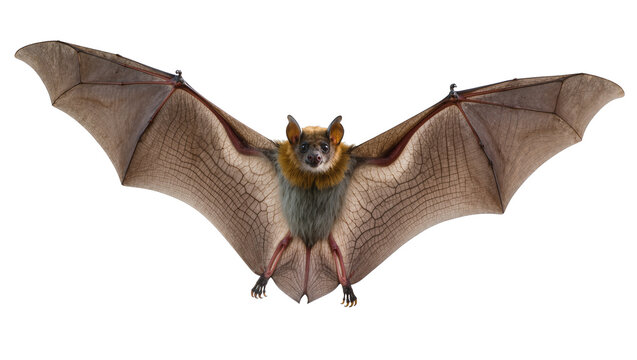 Isolated large fruit bat, a majestic mammal with intricate wings spread wide in flight.