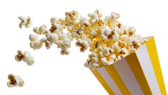 Isolated flying popcorn kernels spilling from yellow and white striped box for movie night snack