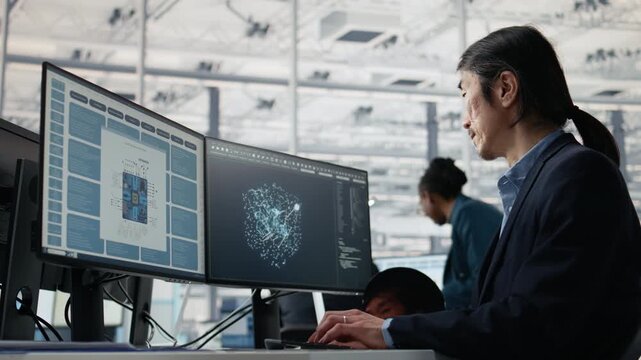 Asian man using AI in microchip factory office to optimize hardware, senior manager training AI model in R&D in research lab, improving manufacturing efficiency for semiconductor research.