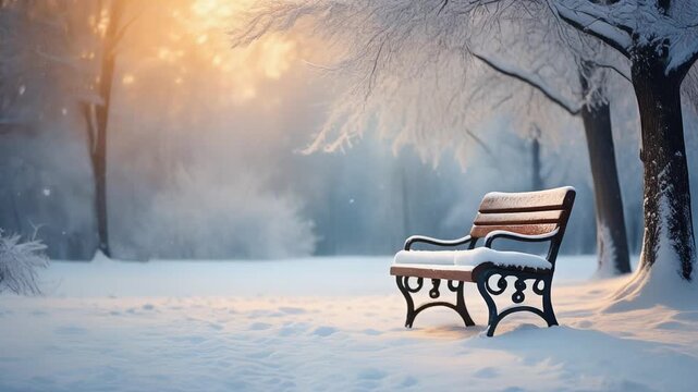 A peaceful wooden bench covered in fresh snow in a quiet winter park at sunset. Aesthetic winter or Christmas video background with wide copy space.