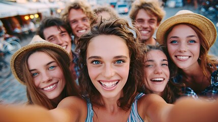 Fototapeta premium Happy young friends taking a selfie together outdoors, smiling and enjoying a summer day