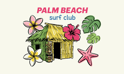 Vintage Palm Beach Surf Club illustration with a tiki hut, mask, hibiscus and tropical leaves. © Irfan