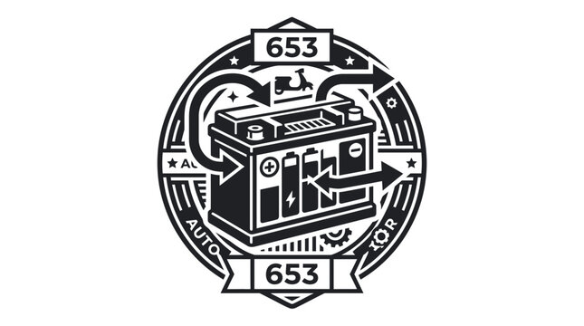 Automotive car battery circular badge icon with power arrows.