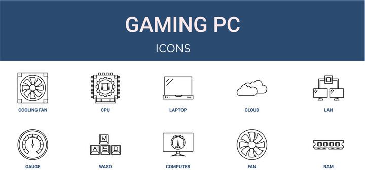 Set of 10 outline web Gaming Pc icons such as ram, fan, computer, wasd, gauge, lan, cloud vector icons for report, presentation, diagram, web design, mobile app