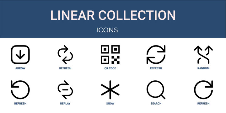 Set of 10 outline web Linear Collection icons such as refresh, search, snow, replay, refresh, random, refresh vector icons for report, presentation, diagram, web design, mobile app