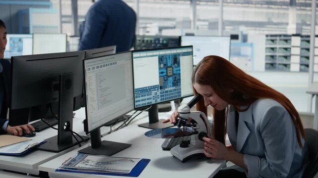 Woman using microscope in office, female materials scientists analyzing silicon wafer with optical device in industrial plant R&D workspace.