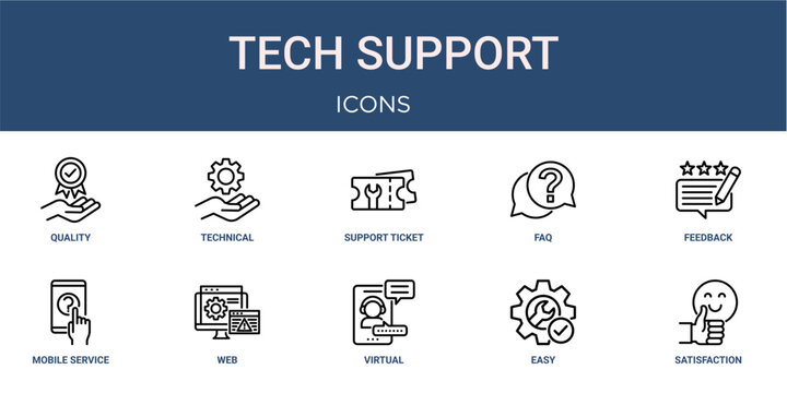 Set of 10 outline web Tech Support icons such as satisfaction, easy installation, virtual assistant, web maintenance, mobile service, feedback, faq vector icons for report, presentation, diagram,