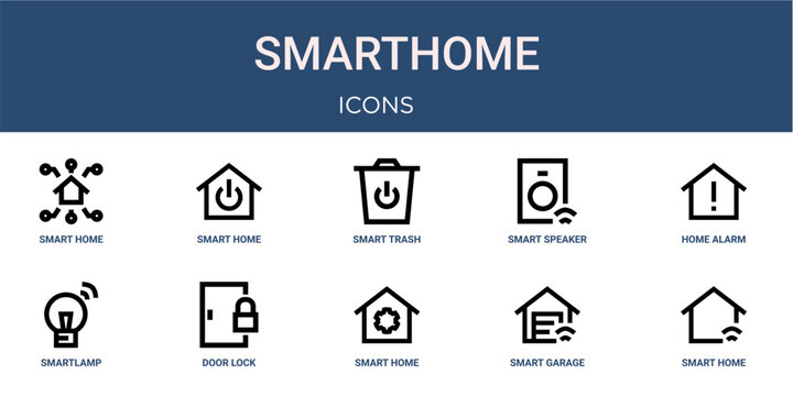 Set of 10 outline web Smarthome icons such as smart home control, smart garage door, smart home setting panel, door lock, smartlamp, home alarm system, speaker vector icons for report, presentation,