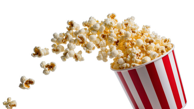 Isolated delicious fluffy popcorn bursting and flying from classic striped paper bucket