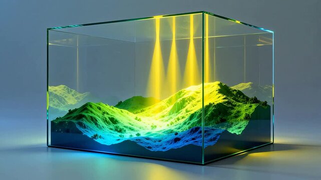 Miniature mountain landscape in glass box