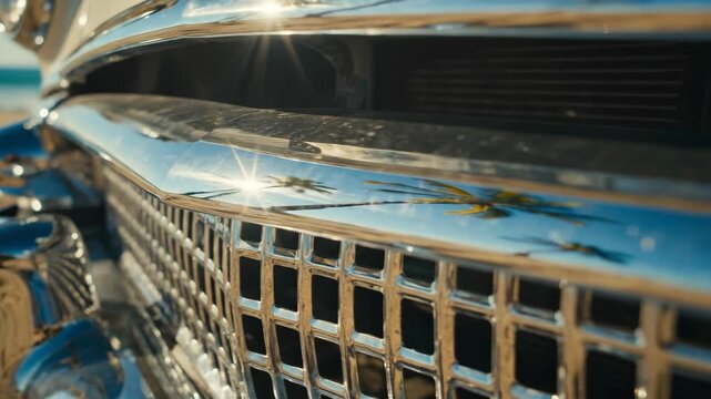Vintage Car Chrome Grille Reflecting Sunny Beach Scene and Palm Trees