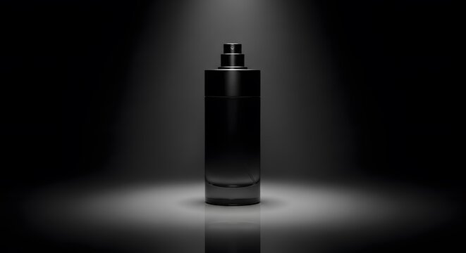 Luxury minimalist black glass perfume bottle mockup sitting under spotlight 3D render