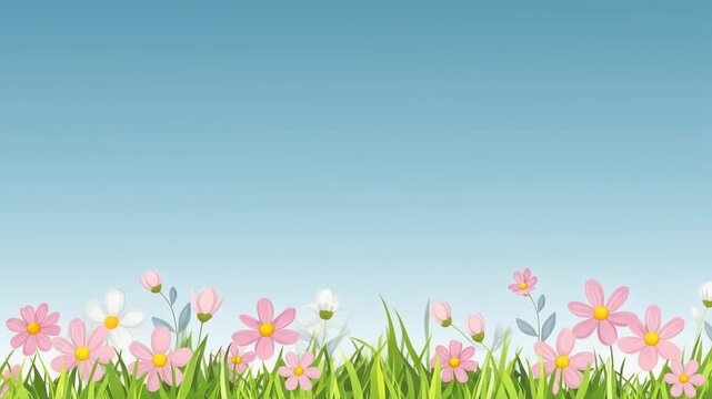 Beautiful spring meadow with colorful flowers and green grass against a clear blue sky background.