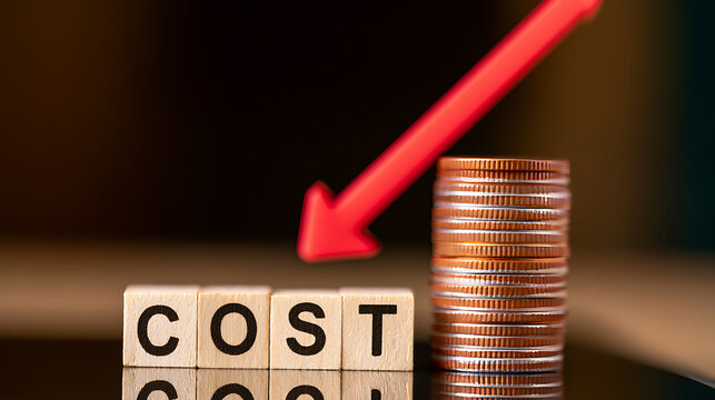 Conceptual image of reduced expenses with the word "COST" on wooden blocks, a stack of coins, and a red downward-pointing arrow symbol, signifying financial optimization and budget savings