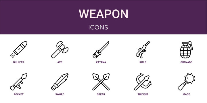 Set of 10 thin line Weapon icons for dashboards, websites and mobile app layouts. Editable outline vector pack featuring bullets, katana, grenade, sword and mace.