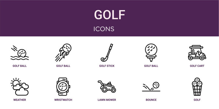 Set of 10 thin line Golf icons for dashboards, websites and mobile app layouts. Editable outline vector pack featuring golf ball, golf stick, golf cart, wristwatch and