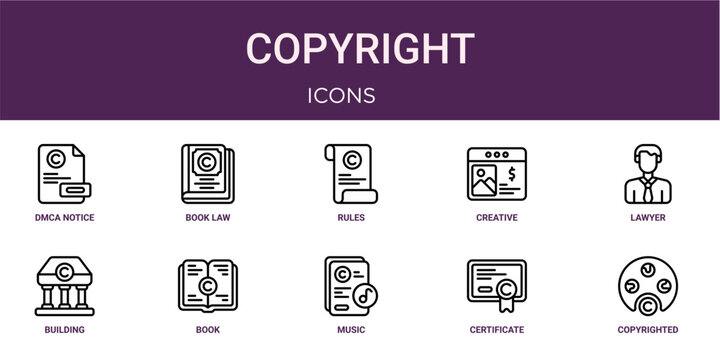 Set of 10 thin line Copyright icons for dashboards, websites and mobile app layouts. Editable outline vector pack featuring dmca notice, rules, lawyer, book and copyrighted art.