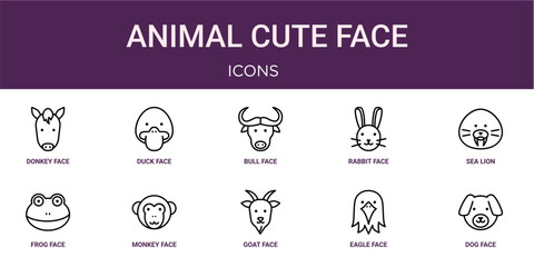 Set of 10 thin line Animal Cute Face icons for dashboards, websites and mobile app layouts. Editable outline vector pack featuring donkey face, bull face, sea lion face, monkey and dog © Benjamin