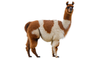 Obraz premium Isolated full body fluffy brown and white llama animal with a long neck looking forward