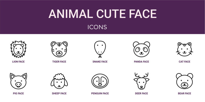 Set of 10 thin line Animal Cute Face icons for dashboards, websites and mobile app layouts. Editable outline vector pack featuring lion face, snake face, cat face, sheep and bear
