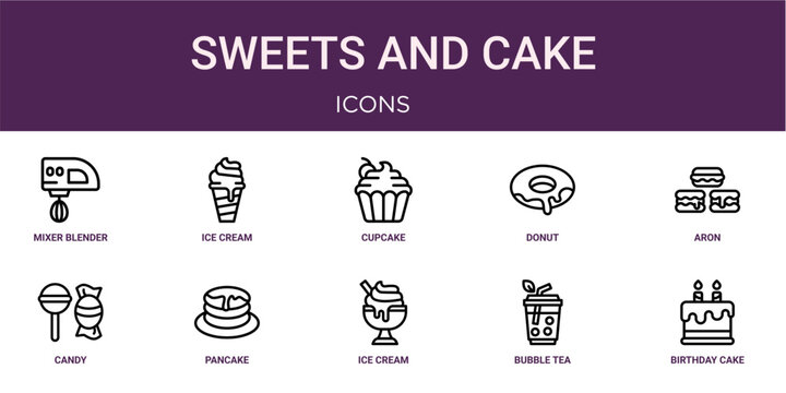 Set of 10 thin line Sweets and Cake icons for dashboards, websites and mobile app layouts. Editable outline vector pack featuring mixer blender, cupcake, aron, pancake and birthday cake.