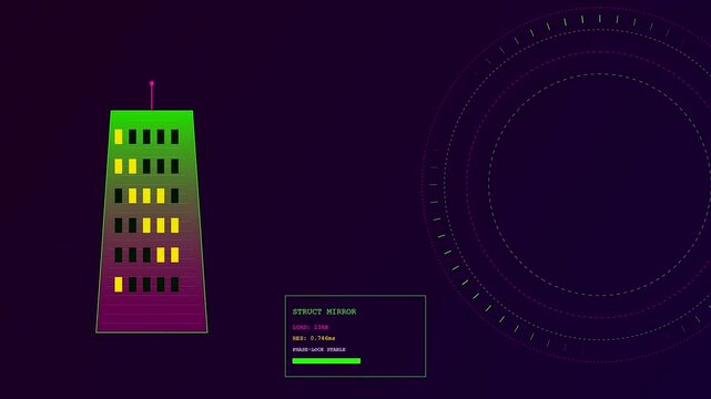 A digital twin interface displays fluctuating building server status nodes with abstract circular geometric rings moving across a dark screen inside a simulated software monitor environment