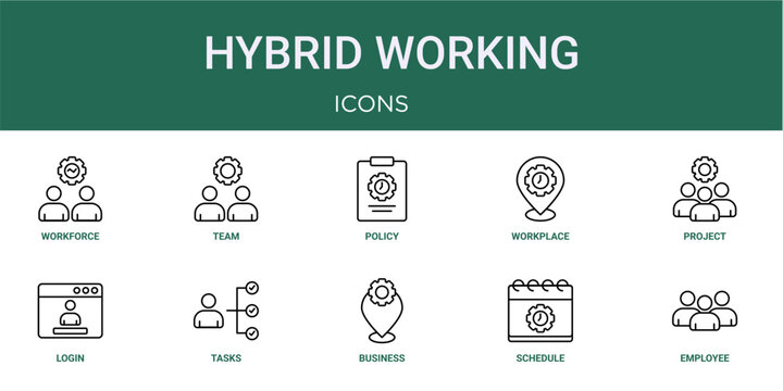 Set of 10 thin line Hybrid Working icons for dashboards, websites and mobile app layouts. Editable outline vector pack featuring workforce, policy, project, tasks and employee.