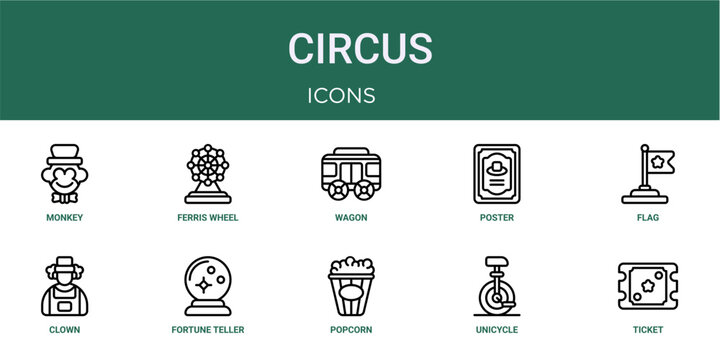 Set of 10 thin line Circus icons for dashboards, websites and mobile app layouts. Editable outline vector pack featuring monkey, wagon, flag, fortune teller and ticket.
