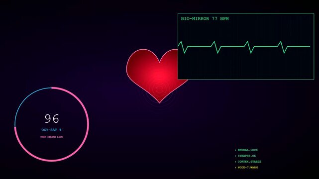 A flickering digital twin interface displays shifting biometric data of a glowing red human heart as pulsing light patterns cycle through three different screen capture sequences