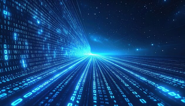 Abstract digital stream of blue binary code flowing through cyberspace, high speed data processing, technology infrastructure and network connectivity background
