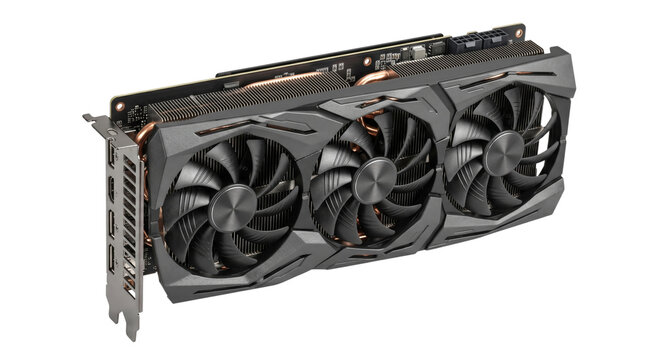 High-performance graphics card with three cooling fans and a sleek, modern design, perfect for gaming and professional applications