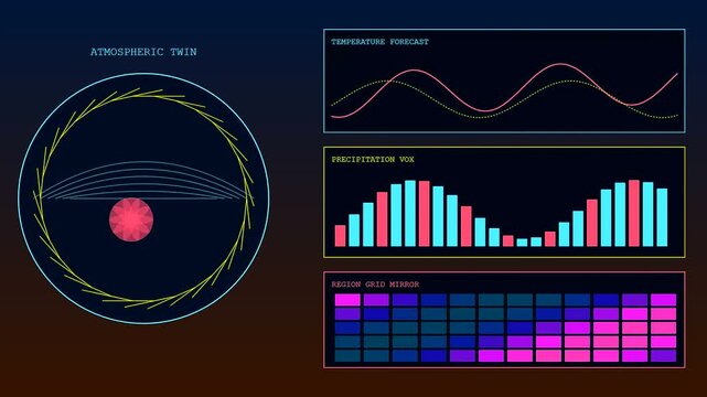 A digital twin interface showing animated radar rings bar charts and line graphs against a dark gradient backdrop with glowing pink circular nodes and geometry