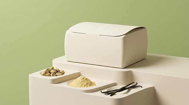 Blank bakery box mockup with pistachios, vanilla beans, and flour