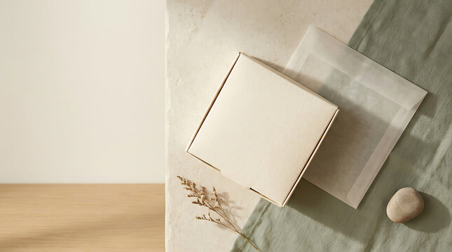 Blank square cardboard box and envelope on textured stone surface