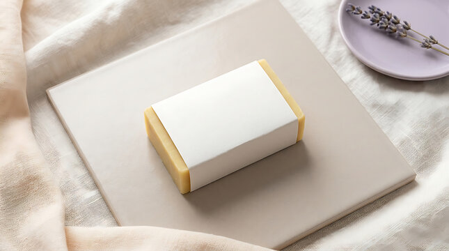 Blank paper sleeve on rectangular bar soap mockup on beige tile