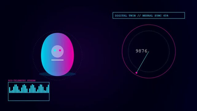 A digital twin interface displays shifting biometric data signals through a glowing gradient head icon while pulsing frequency waves fluctuate rapidly on dark purple displays