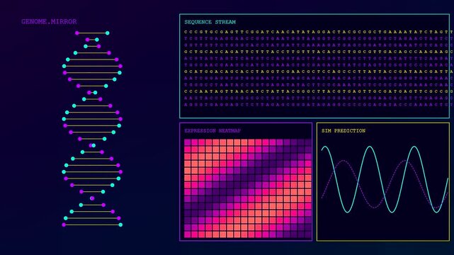 A digital twin interface showing rotating dna strands alongside flowing genetic sequence strings and analytical heatmap data grids projected on a dark purple virtual computing environment